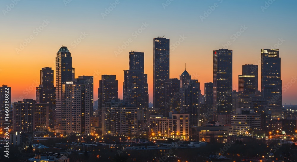 Fototapeta premium Horizontal city skyline at dusk featuring modern towers with lights 