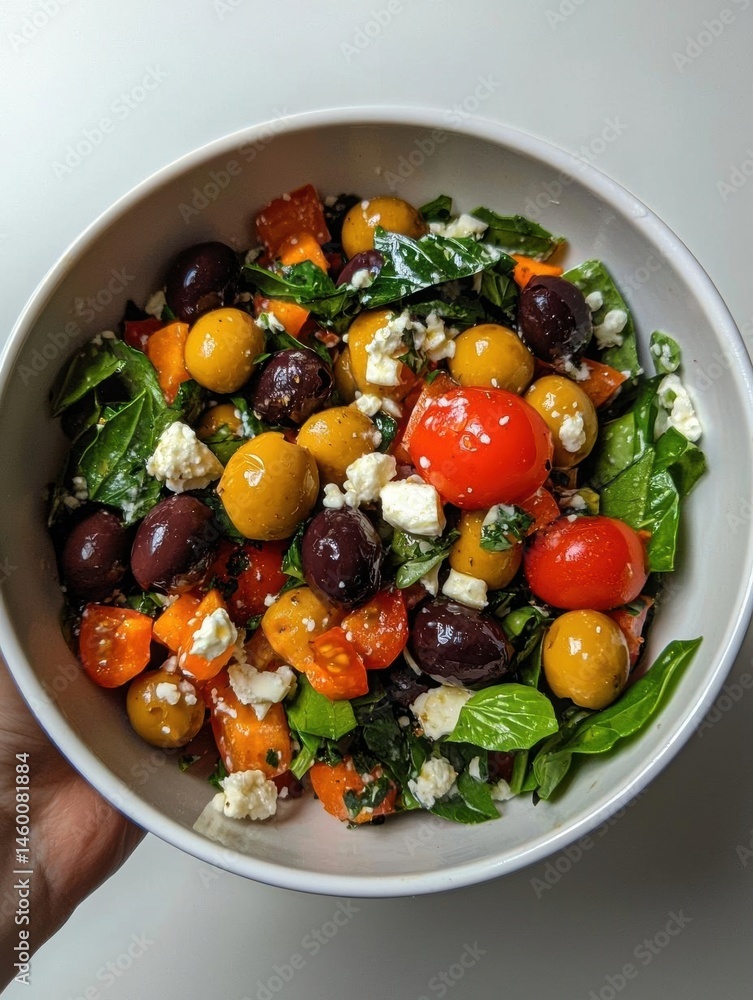 Close-up of a bowl of salad. the bowl is white and is placed on a white surface. the salad is made up of a bed of green leafy vegetables, including spinach, cherry tomatoes, and black olives. Close-up of a bowl of salad. the bowl is white and is placed on a white surface. the salad is made up of a bed of green leafy vegetables, including spinach, cherry tomatoes, and black olives.