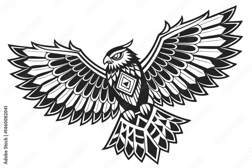 Obraz premium 74 Stylized owl illustration, black and white, tribal art, symmetrical design, spread wings, intricate feather patterns, geometric shapes, bold lines, contrasting textures, fierce gaze, ornate details