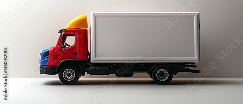 Side profile of a toy delivery truck, red and white, against a plain background