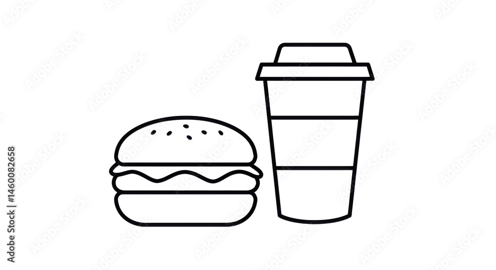 A grayscale image depicting a burger and a drink in a simple pixelated graphic representation style design A grayscale image depicting a burger and a drink in a simple pixelated graphic representation style design