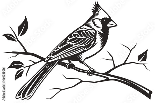 75 Black and white illustration, cardinal bird, silhouette, perched on branch, detailed feathers, crested head, long tail, side view, bold graphic style, high contrast, clean lines, minimalist design,