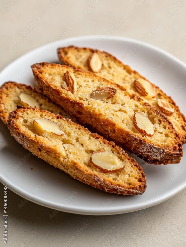 Four pieces of bread on a white plate. the bread appears to be freshly baked and has a golden brown color. each piece is topped with sliced almonds, giving it a crunchy texture. Four pieces of bread on a white plate. the bread appears to be freshly baked and has a golden brown color. each piece is topped with sliced almonds, giving it a crunchy texture.