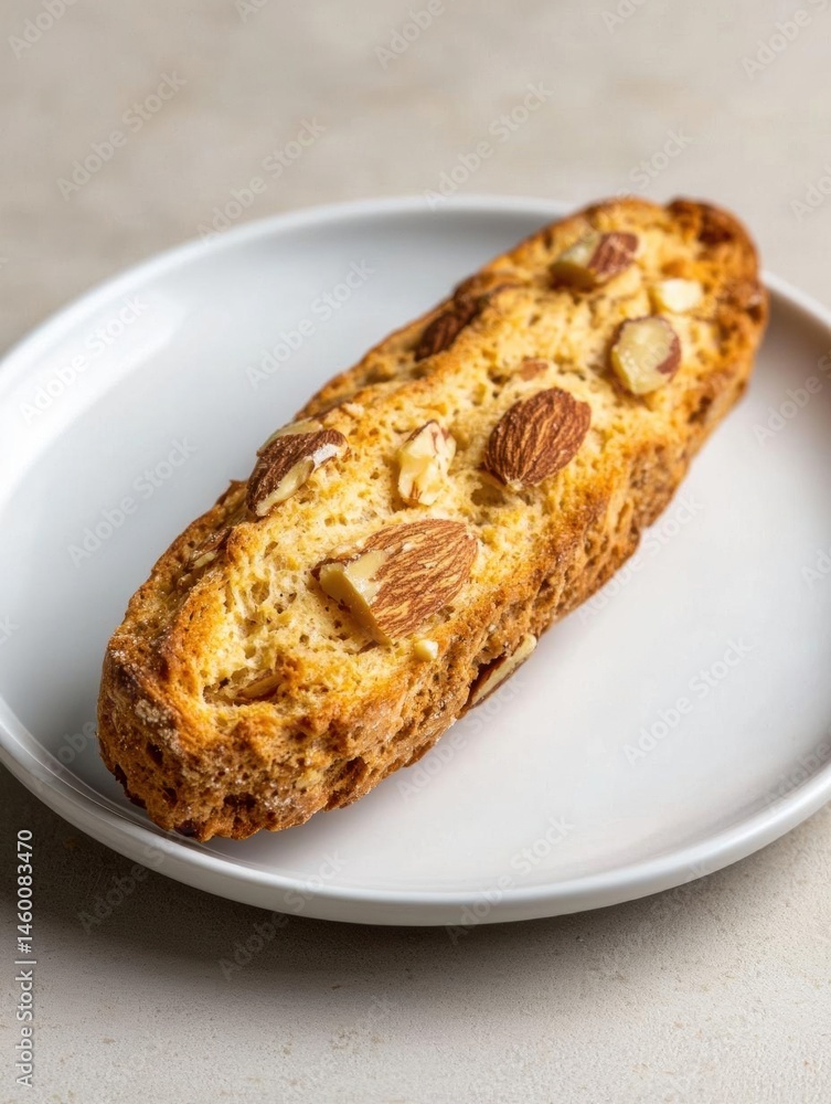 Single slice of bread on a white plate. the bread appears to be freshly baked and has a golden brown crust on top. it is topped with sliced almonds, giving it a crunchy texture. Single slice of bread on a white plate. the bread appears to be freshly baked and has a golden brown crust on top. it is topped with sliced almonds, giving it a crunchy texture.