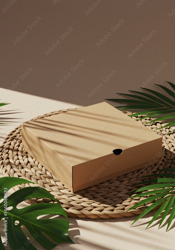 Obraz premium Eco-friendly packaging box mockup on rattan mat with tropical leaves