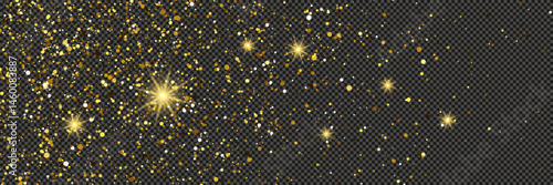 Gold glittering dust with stars on transparent backdrop