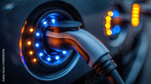 Electric vehicle charging port illuminated with blue and orange lights