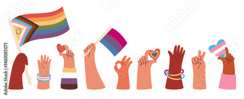 LGBTQ Diverse Hands Holding Rainbow Pride Flags and Hearts collection. LGBT community. Holiday Pride month. Isolated elements for festive design, card, print. Vector illustration