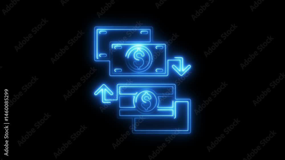 Neon style money transfer flow up and down animation on black background Neon style money transfer flow up and down animation on black background
