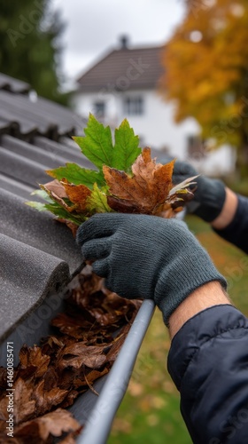 Gloved hands clearing autumn leaves from roof gutter home maintenance fall cleanup fall foliage residential house