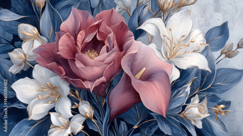 Elegant decorative soft pastel burgundy and white flower with gold accents and blue leaves on background in 3D oil painting style for modern wall art and interior design