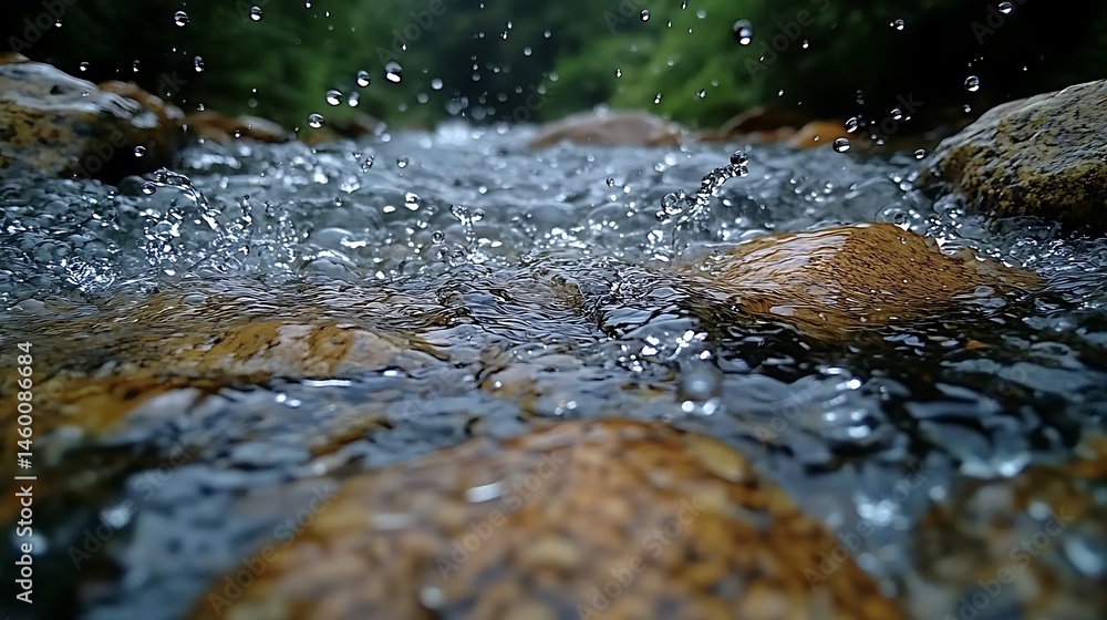 Fototapeta premium Close-up view of a rocky stream during a light shower.