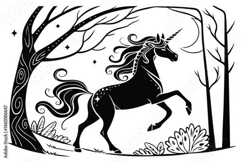 77 Silhouette unicorn, flowing mane and tail, black and white illustration, elegant curves, magical creature, fantasy art, detailed linework, whimsical design, mythical beast, stylized vector graphic,