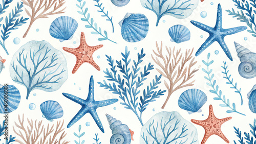 seamless pattern with blue shells starfish coral underwater ocean marine elements for nautical summer design watercolor, with chrome or metallic design