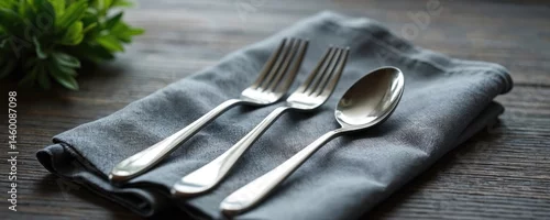 Obraz  z motywem Elegant stainless steel cutlery on dark wooden surface with grey napkin and green plant. Modern dining, kitchen design elements in minimalist style for eco lifestyle.
