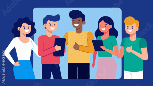 Group Shopping Experience A group of friends gathers around a digital screen each experimenting with different outfits using their smartphones sharing laughs and opinions.