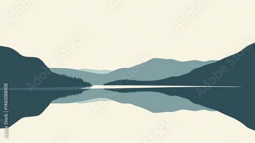 Peaceful landscape silhouette of mountains and lake.