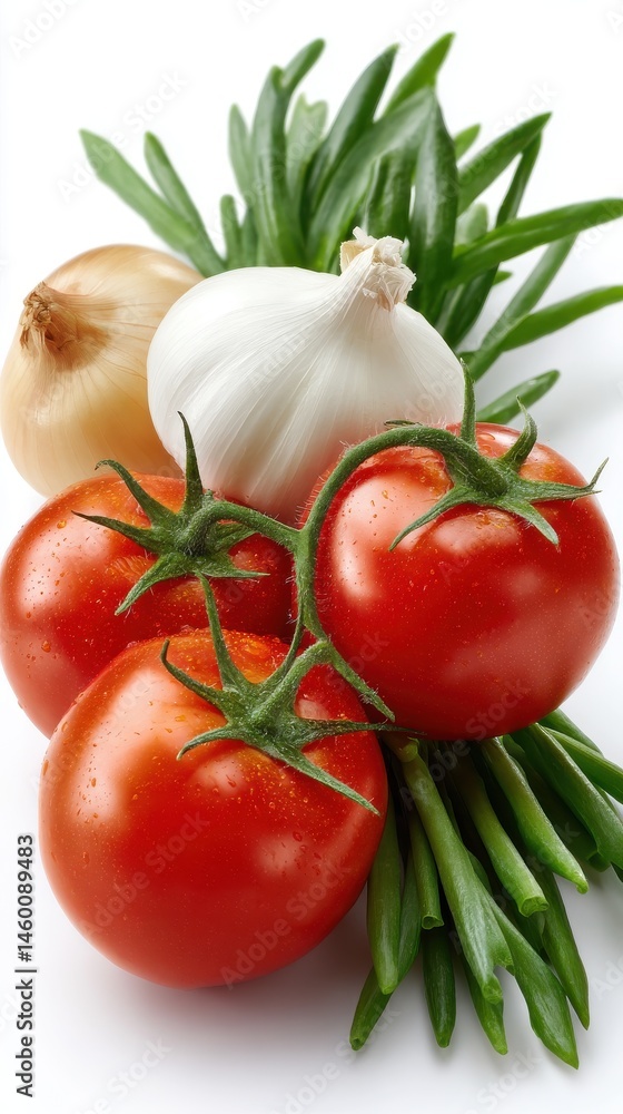 Fresh produce arrangement featuring vibrant red tomatoes, onions and fresh green onions on a white background. Farm fresh still life. Fresh produce arrangement featuring vibrant red tomatoes, onions and fresh green onions on a white background. Farm fresh still life.