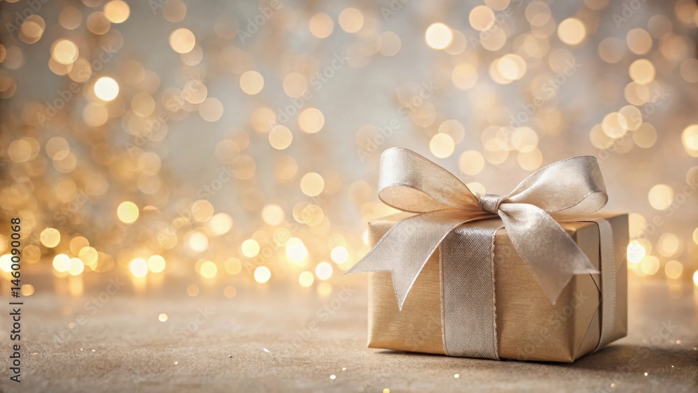 A Gift Wrapped in Gold with a Delicate Satin Bow and a Festive Bokeh Background A Gift Wrapped in Gold with a Delicate Satin Bow and a Festive Bokeh Background