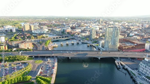 Aerial view on Lagan river and buildings in City centre of Belfast Northern Ireland. Drone photo, high angle view of town