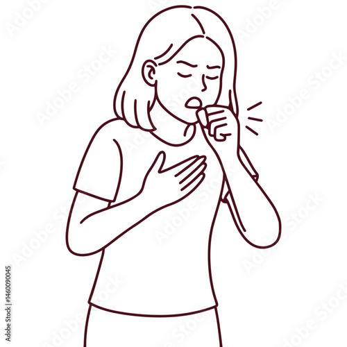 Line drawing of woman coughing and clutching chest, showing asthma symptoms