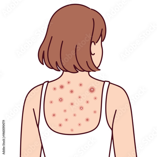 Young woman with severe acne and inflamed skin on back, suffering from dermatological problems, visible pimples, redness, irritation, and discomfort without any clothing on upper body