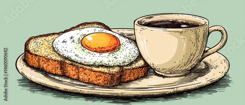 Simple breakfast of fried egg on toast and coffee