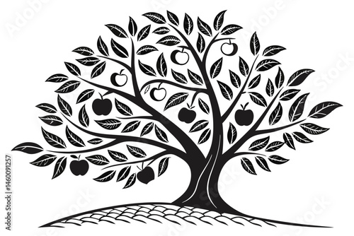 80 Black and white illustration, apple tree silhouette, stylized design, symmetrical composition, round fruit shapes, dense foliage, organic curves, botanical artwork, vector graphic style, minimalist