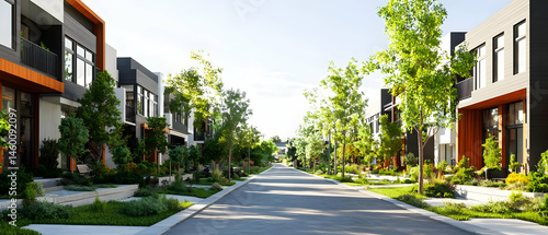Modern Townhouses Row Sunny Street View