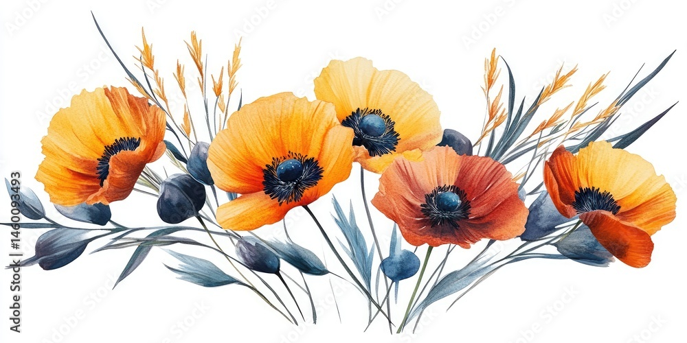 Obraz premium Watercolor Painting of Vibrant Autumn Poppies and Wild Grasses Bouquet, Isolated on White Background, Botanical Illustration