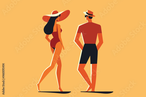 couple in summer outfits mid century modern style flat vector illustration.