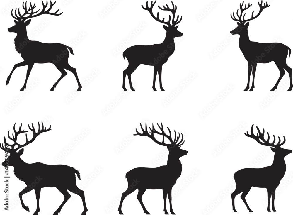 Naklejka premium a set of black deer silhouettes walking and standing