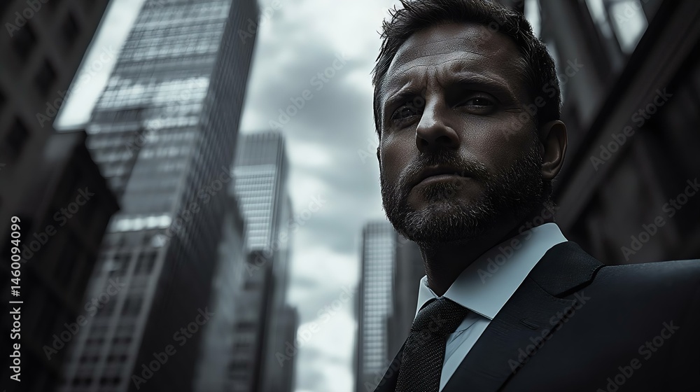 Fototapeta premium A confident businessman standing in an urban setting, showcasing modern architecture, determined expression, and a stylish suit under a moody sky.