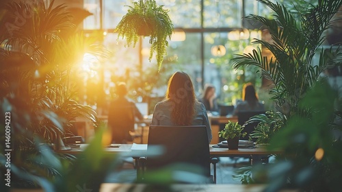 Woman working in sunlit office, plants, colleagues