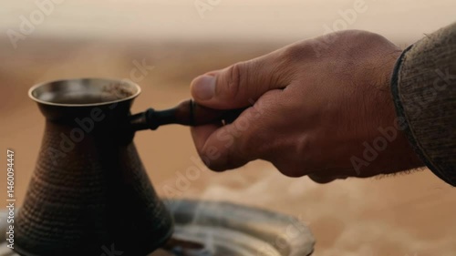 close-up of the traditional Turkish way of making coffee on the sand