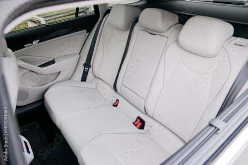 Canvas Print Bright Interior: White leather seats of a vehicle Clean design and pristine cond