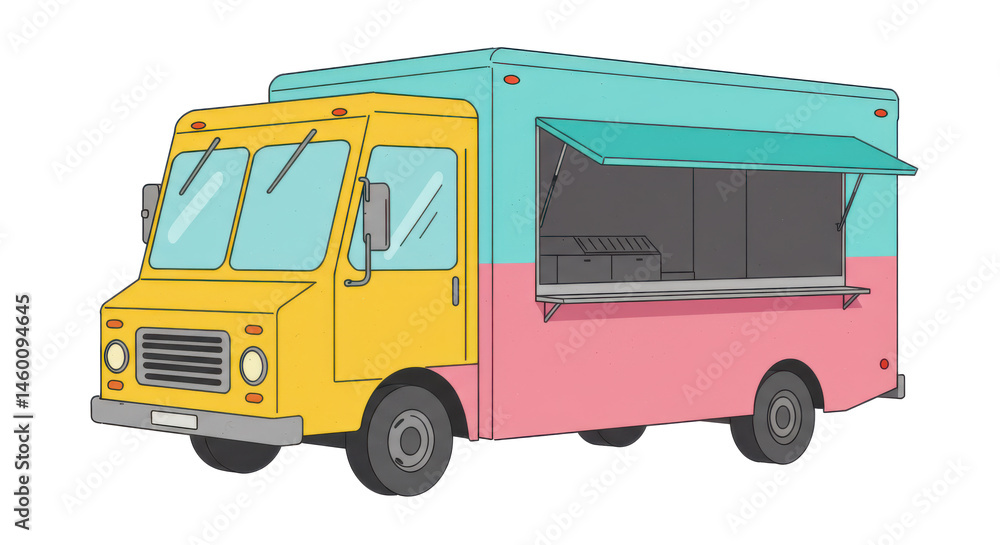 Illustration of a colorful food truck with yellow front pink side and turquoise top on a gray background Illustration of a colorful food truck with yellow front pink side and turquoise top on a gray background