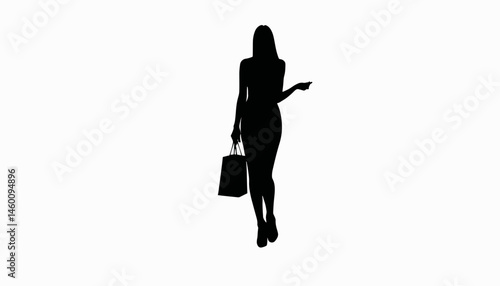 Elegant woman with shopping bag silhouette on white background, consumerism