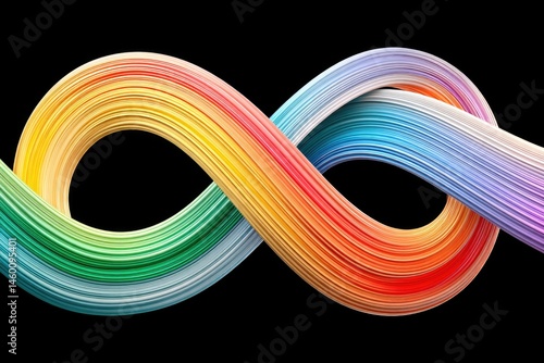 Intertwined Rainbow-Colored Lines Forming an Infinite Loop Against a Dark Background Showcasing Vibrant Artistic Design