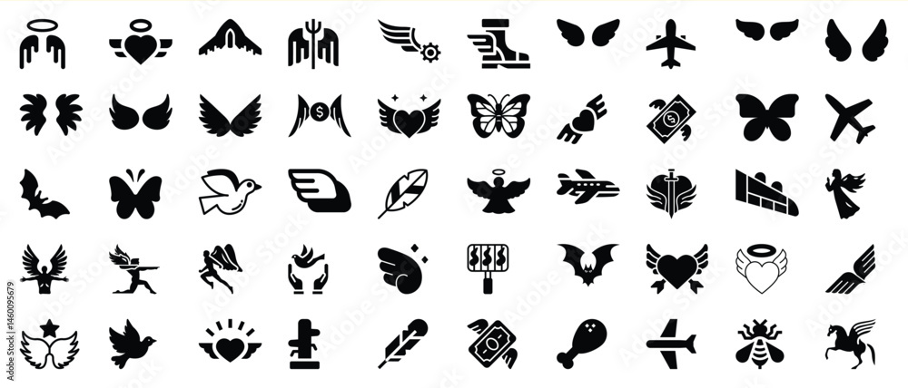 Naklejka premium Collection of winged icon silhouettes on white background