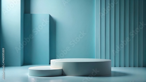 Minimalist Pastel Blue Room With Two-Tiered Cylinder Podium