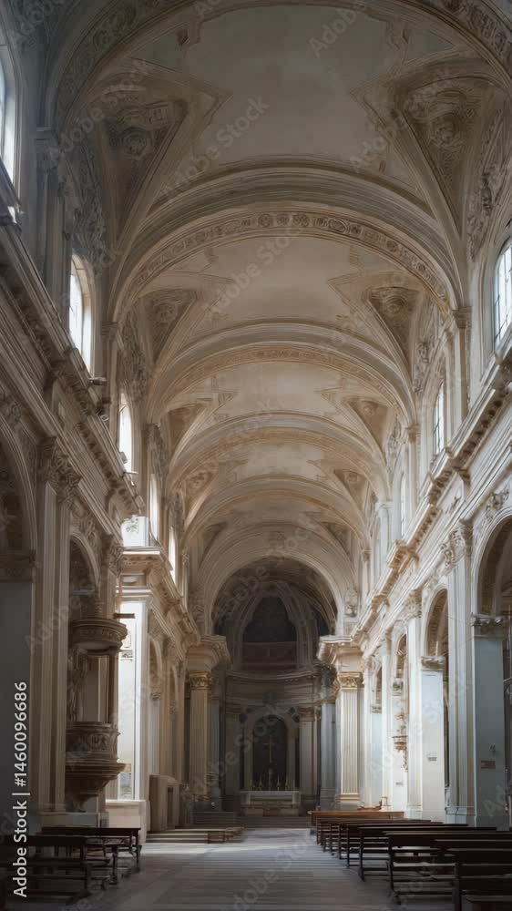 Ornate Architectural Interior featuring Arches, Columns, and Vaulted Ceiling with Intricate Details and Empty Wooden Pews Ornate Architectural Interior featuring Arches, Columns, and Vaulted Ceiling with Intricate Details and Empty Wooden Pews