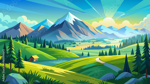 mountainous countryside landscape in spring. sunny morning with blue sky. green organic pasture and coniferous forest on the rolling hills. rural scenery