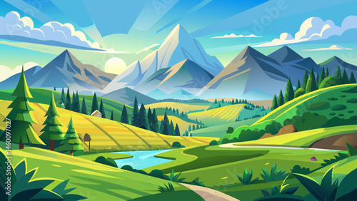 mountainous countryside landscape in spring. sunny morning with blue sky. green organic pasture and coniferous forest on the rolling hills. rural scenery