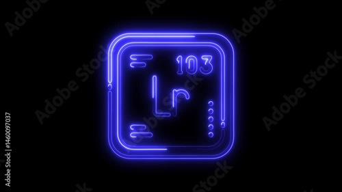 Neon lawrencium element symbol animation glowing blue on black background