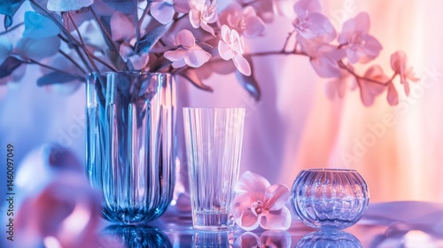 Glass vases with pink flowers on soft table for home floral spring design romantic aesthetic elegant background