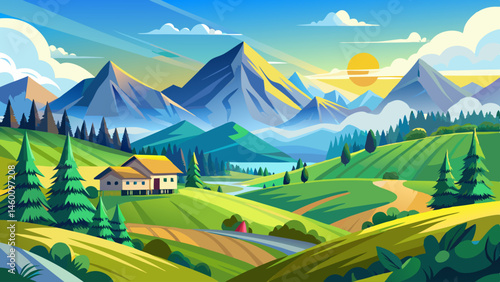 mountainous countryside landscape in spring. sunny morning with blue sky. green organic pasture and coniferous forest on the rolling hills. rural scenery