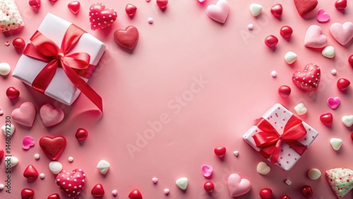 Festive Pink Background with Hearts and Gift Boxes for Romantic Celebrations