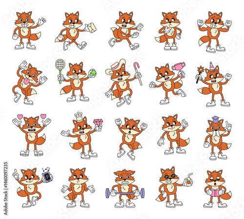 Fox cartoon characters with emotions and actions for retro educational festive romantic lifestyle illustrations in groovy outline vintage cartoon style