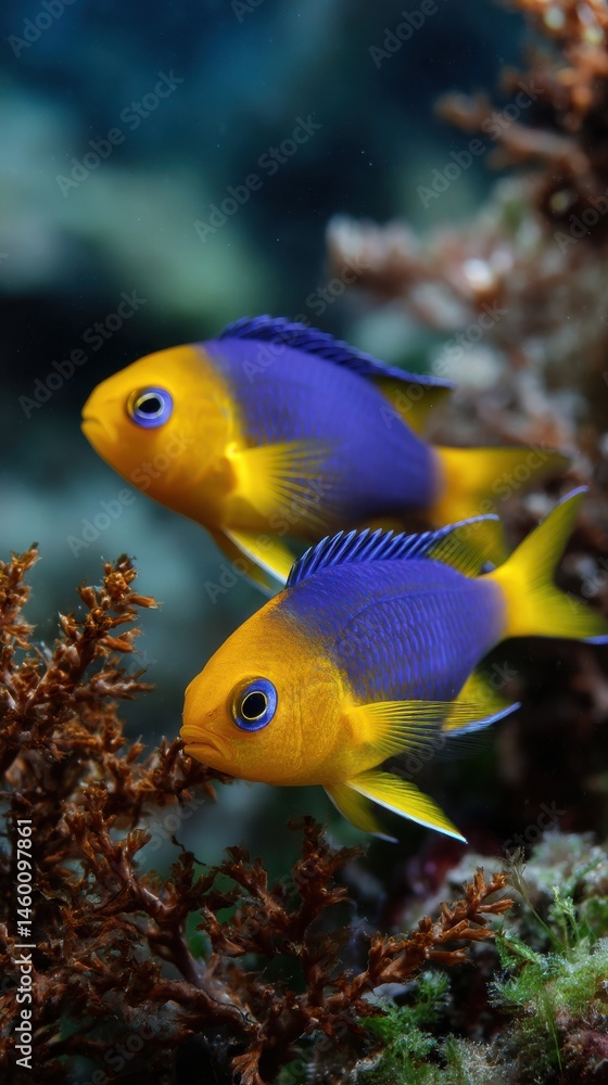 Fototapeta premium Two Damsel Fish Swimming Near Coral Reef, Underwater Marine Life